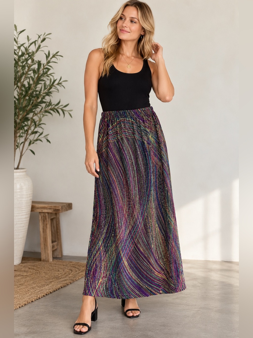 Vintage USA MADE Metallic Abstract Maxi Skirt Elastic Waist Festival Whimsical